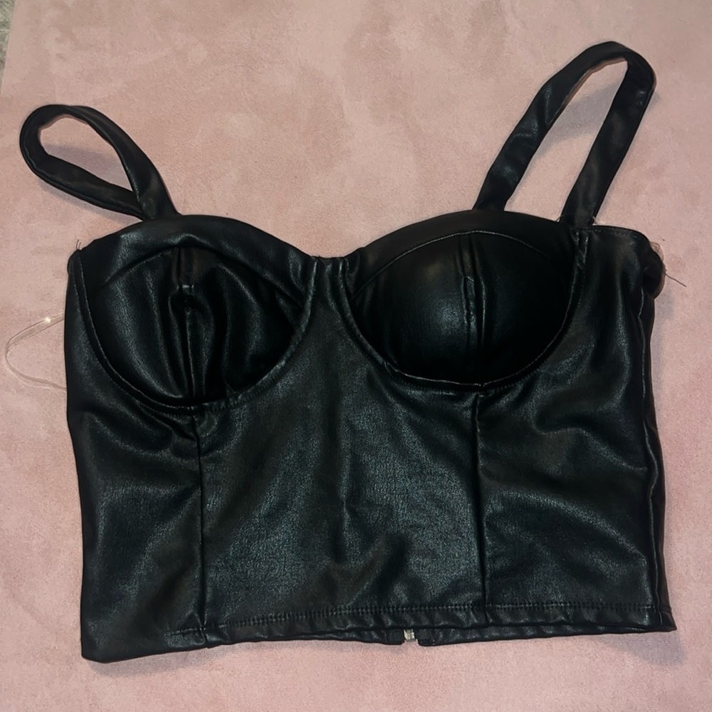Leather crop top, zipper back.
